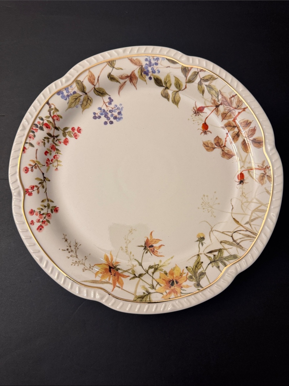 NWOT 4pc Potter's Studio Scalloped Stoneware Fall Leaves Trim Dinner Plates - Picture 4 of 9